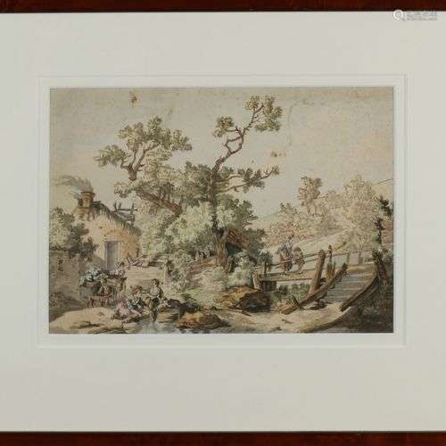 Signature incertaine. Vers 1800. Paysage, ferme avec personn...