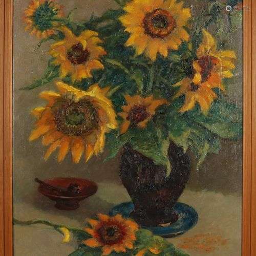 Marche française. 1903 - 1973. Vase avec tournesols. Huile s...