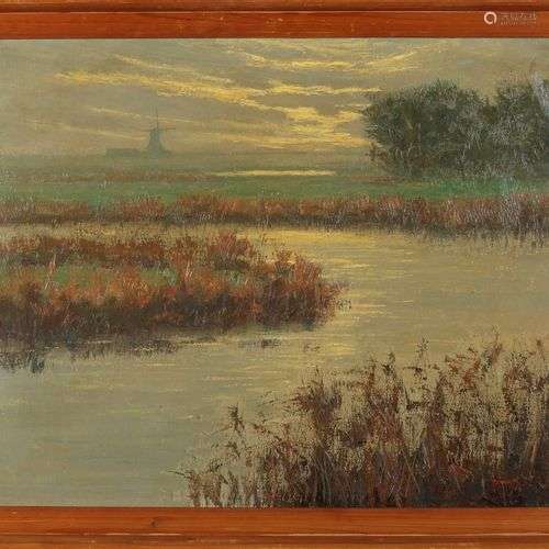 Marche française. 1903 - 1973. Vue d'un polder avec un mouli...