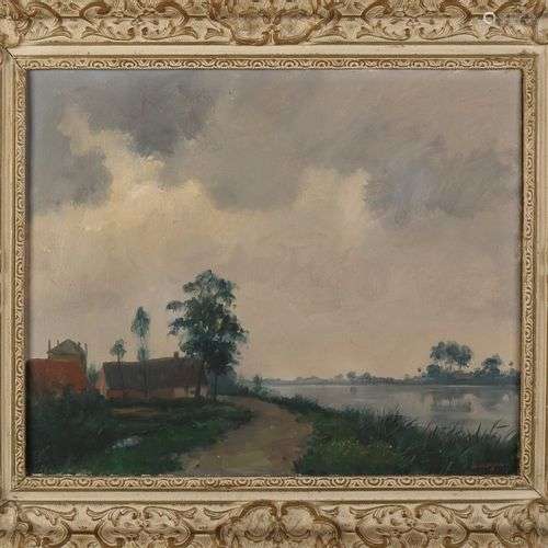 Brolsma. 1909 - 1990. Vue d'une rivière néerlandaise. Huile ...