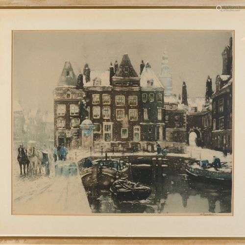 Henri Cassiers. 1858 - 1944. Paysage urbain d'Amsterdam en h...