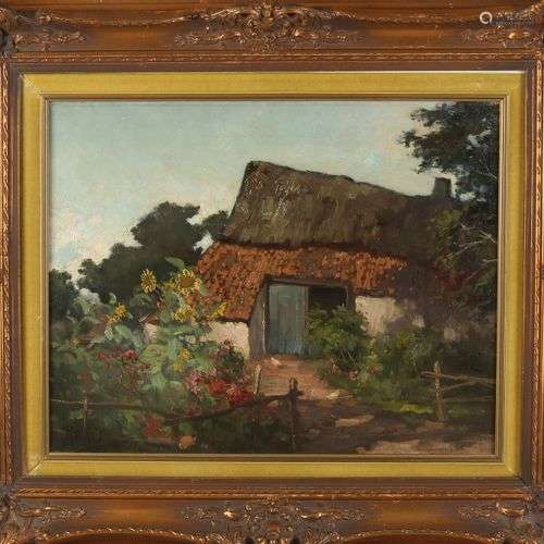 Dorus Arts. 1901 - 1961. Ferme avec tournesols. Huile sur li...