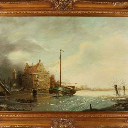 Frits Meijer. 20ème siècle. Vue d'hiver hollandaise avec gla...