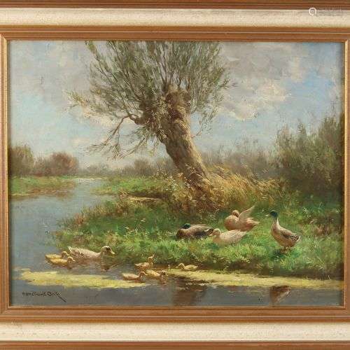 Constant Artz. 1870 - 1951. Famille de canards au bord de l'...