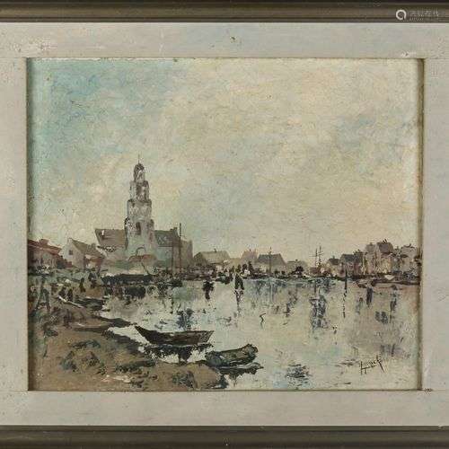 H. Hiersch. 1918 - 1986. Vue du port de Maassluis. Huile sur...