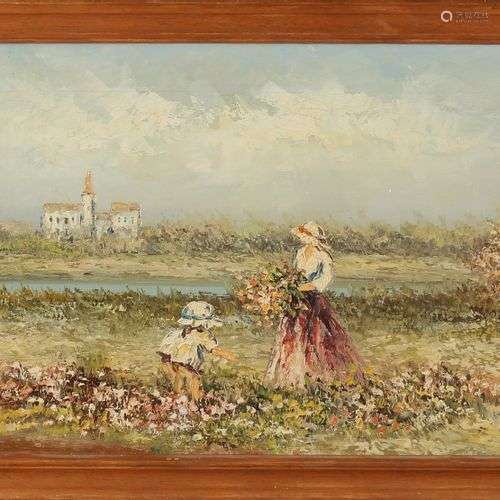 P. Winson. 20ème siècle. Femme avec enfant dans un paysage d...