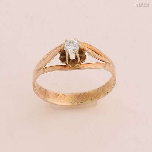 Bague solitaire en or jaune, 585/000, avec diamant. Bague av...