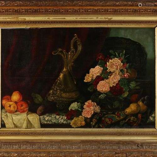 Non signé. Vers 1900. Nature morte avec des fruits, des fleu...