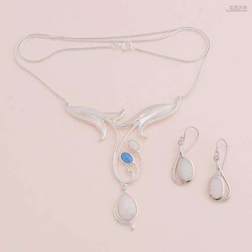 Collier et boucles d'oreilles en argent, 925/000, collier se...