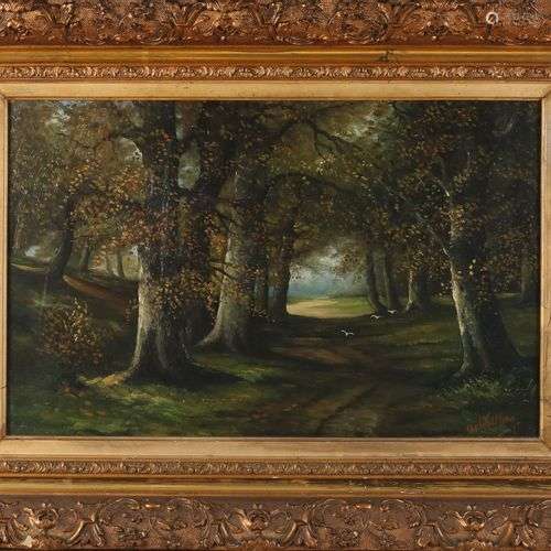 Wallaert. Vers 1890. Vue de la forêt. Cadre doré. Peinture à...