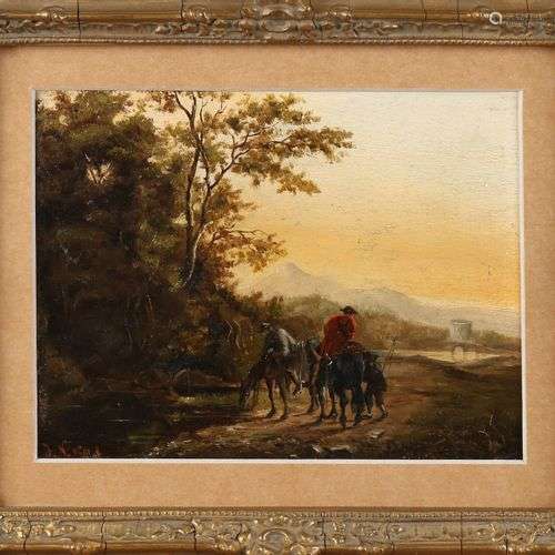 Monogramme JN 1881. Cavaliers dans un paysage. Peinture à l'...