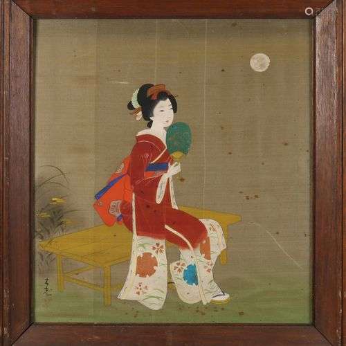 École japonaise. Signé. Geisha à l'intérieur. Gouache sur so...