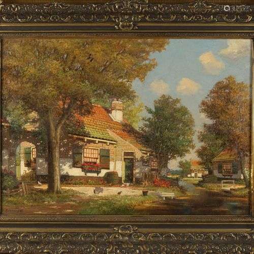 HW Veenendaal. Vers 1930. Ferme avec des poulets. Huile sur ...