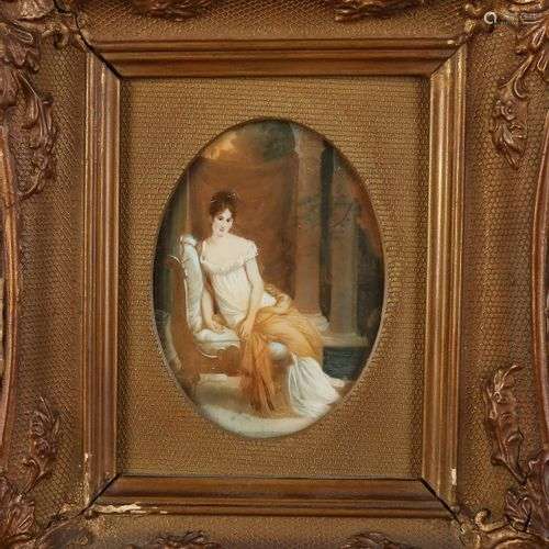 Peinture miniature. XIXème siècle. Femme sur un canapé. Pein...