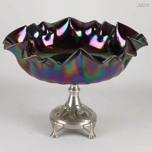 Tazza Art Nouveau avec coupe en verre soufflé à bouche pliss...