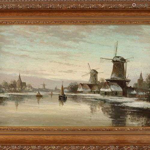 Non signé. Vers 1900. Paysage d'hiver hollandais avec des mo...