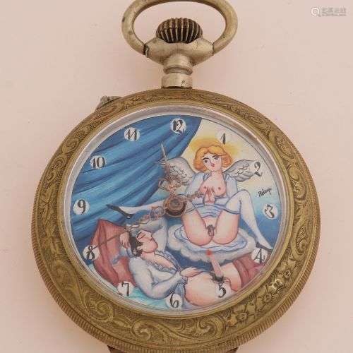 Montre de poche, mécanique, double avec cadran érotique. ø 5...