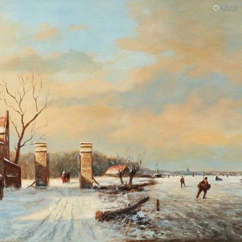 L. Scheen. 21ème siècle. Vue d'hiver hollandaise avec un amu...