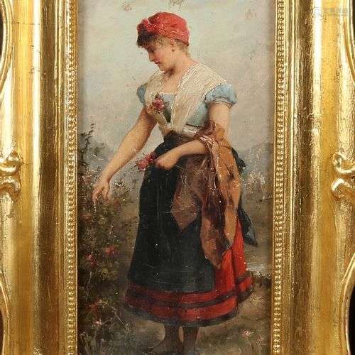 Signature de repos. Vers 1870. Fille avec des fleurs dans un...