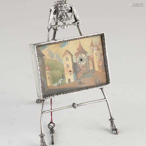 Belle pendule à peinture miniature sur chevalet en argent, 8...