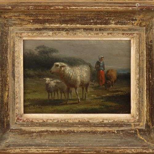 F. Lebret. 1820 - 1909. Bergère avec des moutons. Peinture à...