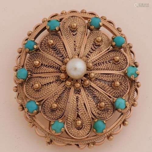 Pendentif/broche en or jaune, 585/000, avec perle et turquoi...