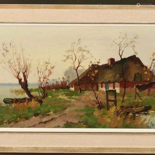 H. van Gessel. Vers 1930. Ferme près d'une rivière. Huile su...