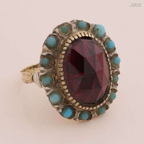 Bague en or jaune, 585/000, avec turquoise et grenat. Bague ...