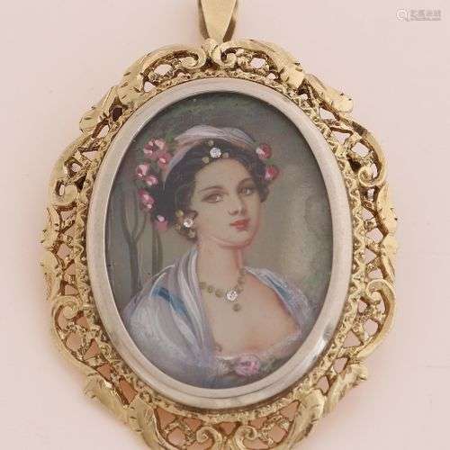 Pendentif/broche en or jaune, 585/000, avec portrait. Penden...