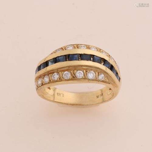 Bague large en or jaune, 585/000, avec zircon et saphir. Bag...