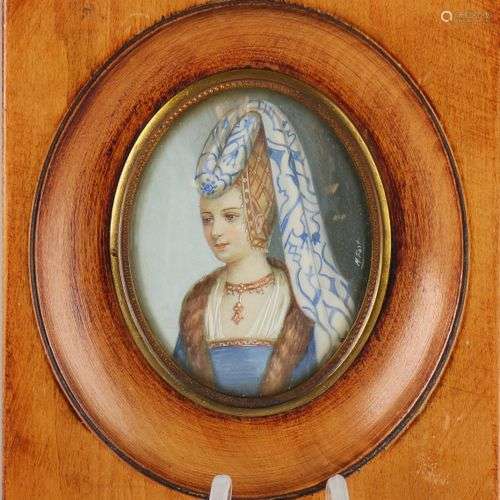 M. Fort. Portrait miniature de femme. XIXème siècle. Peintur...