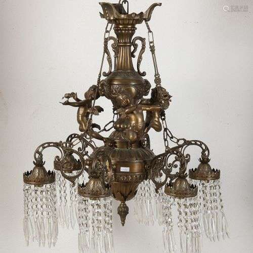 Grande suspension en bronze avec putti et glaçons en cristal...