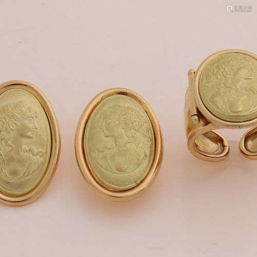 Bague et boucles d'oreilles en or jaune, 750/000, modèle ova...