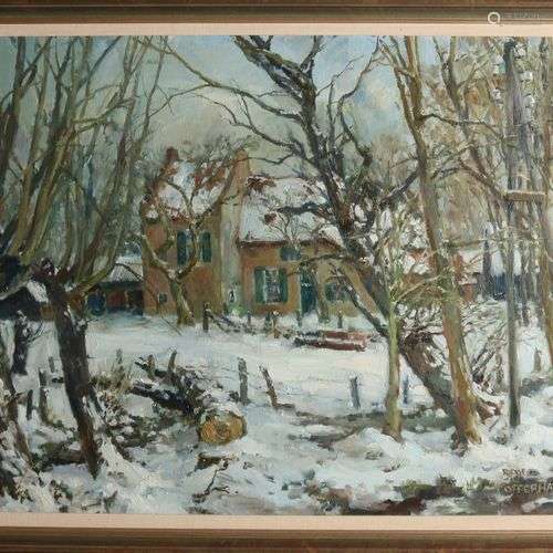 Rick Offerhaus. 1936 - . Vue d'hiver avec une ferme. Huile s...