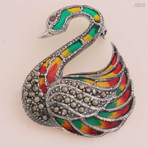 Broche en argent, 925/000, en forme de cygne décoré de pierr...