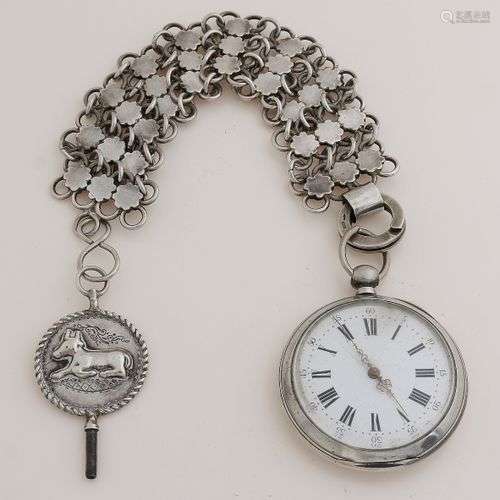 Montre de poche en argent, 800/000, avec chatelaine et clé, ...