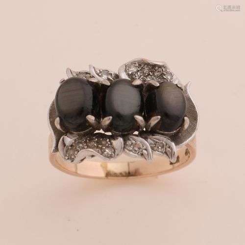 Bague en or jaune, 750/000, avec obsidienne en argent et dia...