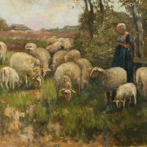 Bannenberg. Vers 1900. Berger avec des moutons. Huile sur li...