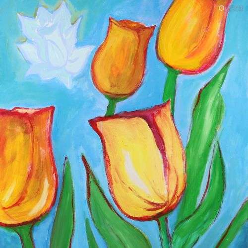 Non signé. Tableau moderne avec des tulipes. Huile sur lin. ...