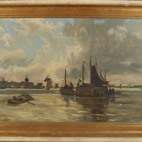 TH Wouterse. Vers 1900. Vue de Dordrecht. Huile sur lin. Dim...