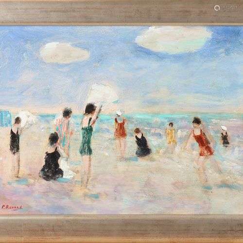 P. Renard. XXIe siècle. Scène de plage avec personnages. Dim...