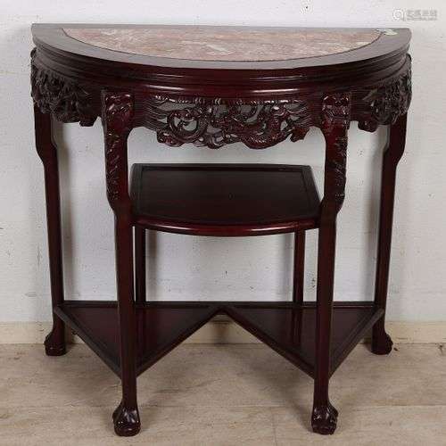 Table de lune chinoise en bois sculpté avec plateau en marbr...