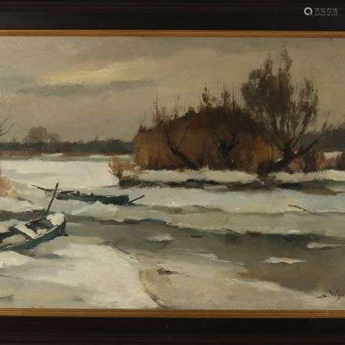 S. Wijnhoven. 1898 - 1969. Vue de la rivière en hiver. Huile...