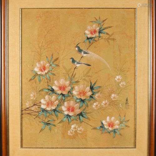 Peinture chinoise signée sur fond d'or. Branches fleuries av...