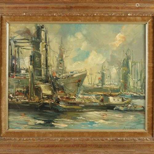 J. vd Heijden. Vers 1950. Vue du port de Rotterdam. Peinture...