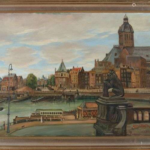 Lucien vd Pluym. 1916 - 1993. Vue d'un port hollandais. Huil...