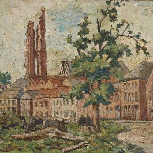 Signé de façon incertaine. Vers 1920. Paysage urbain avec un...