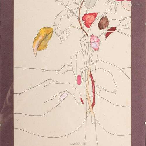 EDNA (née en 1944). Main de femme et vase de fleurs, 1986. G...