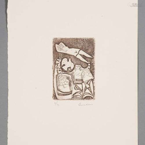 BURHAM (XXème). Composition cubiste. Eau-Forte sur papier. S...