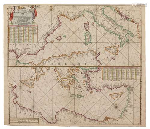 (Méditerranée) Carte du début du 18ème siècle gravée et bord...